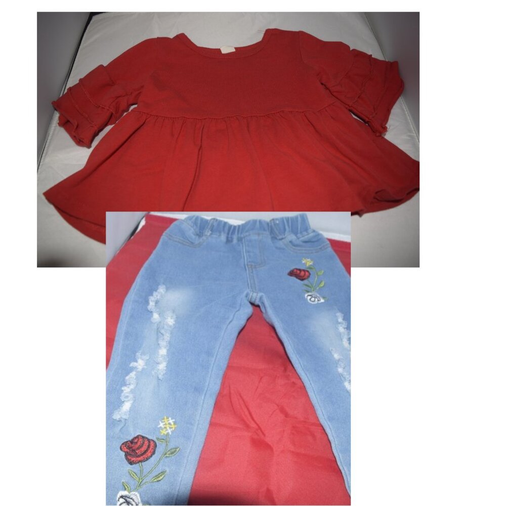 Rose embroidered jeans and red ruffle shirt 2T